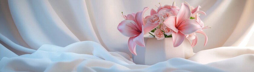 A beautiful arrangement of pink lilies in a white vase, elegantly placed on soft, flowing fabric, creating a serene and delicate atmosphere, Kentucky Oaks Day