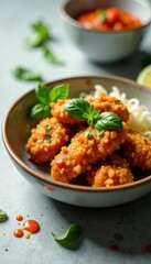 Crispy fried chicken, basil garnish, spicy bowl, tasty, still life