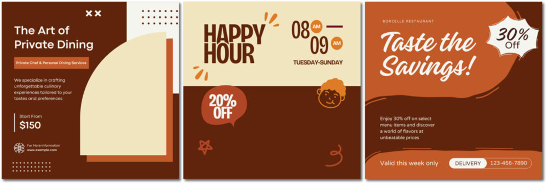 Exclusive Dining and Happy Hour Deals Advertisement Social Media Posts - Powered by Adobe