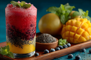 Colorful falooda drink with basil seeds, jelly, and rose water served in a tall glass