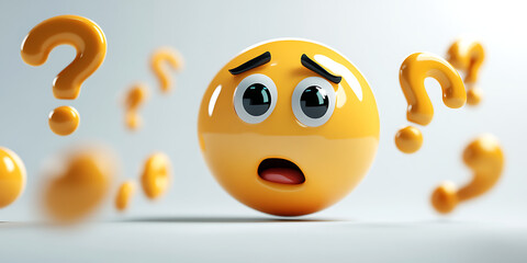 Worried emoji surrounded by floating question marks render