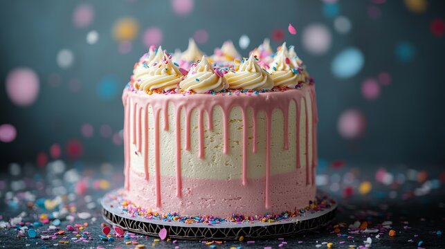 Celebratory cake with pink drip frosting, sprinkles, and creamy frosting, a delightful dessert for joyous moments and celebratory gatherings