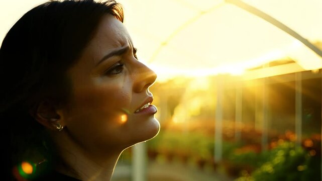 Tense young adult caucasian woman's jaw clenches, repressed anger threatening to surface, in a sunlit conservatory, dolly zoom video