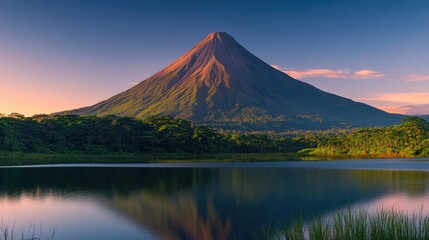 Fototapeta premium Majestic Volcano Reflected in Serene Lake at Dawn: A Breathtaking Tropical Landscape