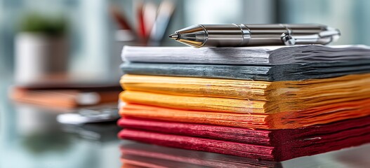 Office Glass Table with Stack of Papers and Pens – Close-Up Workspace with Light Orange and White Color Theme