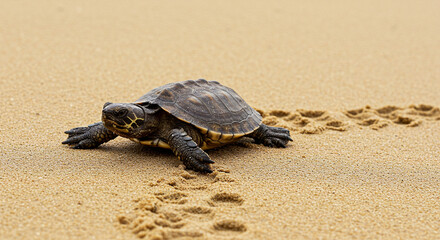 Baby Turtle Crawling on Sandy Beach Leaving Footprints