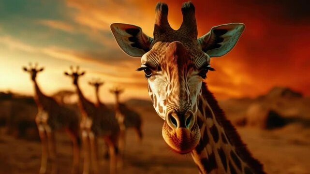 Giraffe in Safari Sunset: A majestic giraffe stands tall, its unique coat patterns showcased against a dramatic African sunset. the image invites viewers to experience the magic of the wild.