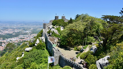 Defensive Wall of the Moorish Castle in Sintra, Portugal Overlooking Town Below - Wall Frame Center