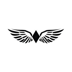 Vector logo black silhouette wings, geometric shapes, clean lines, centered on a white background. Minimalist style, balanced, symmetrical design. Aviation or freedom concept