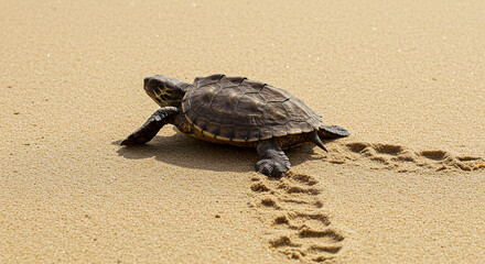 Baby Turtle Crawling on Sandy Beach Leaving Tracks