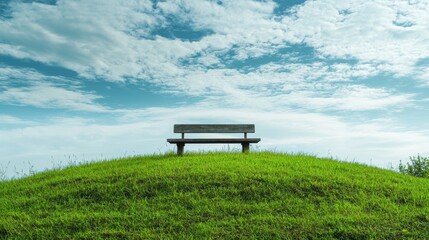 Serene Solitude: A Wooden Bench on a Verdant Hill Under a Tranquil Sky