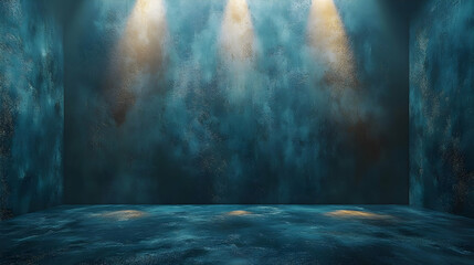 Abstract textured blue concrete room interior with spotlight ambiance