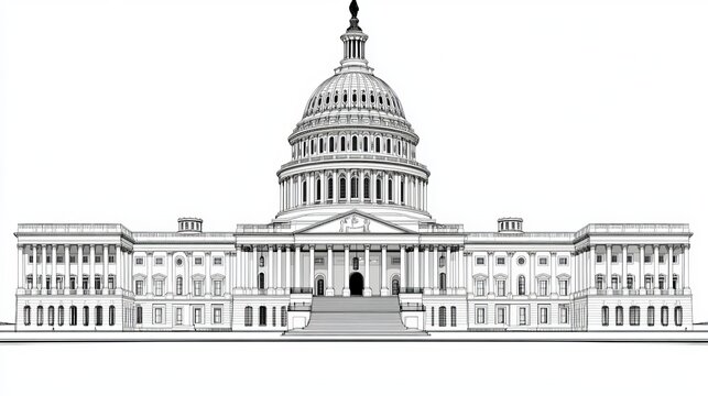 Black and white line drawing of the united states capitol building with dome and many windows and columns