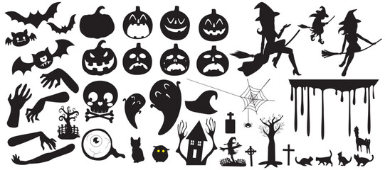 Collection of spooky Halloween black and white icon set vector illustration. Doodles of pumpkins, skulls, ghosts, bats, witches, and creepy elements for posters, party invites or creative decorations