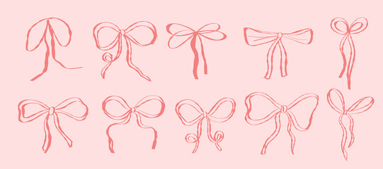 Sweet and feminine set of hand drawn red bows on a pink background vector illustration. Girly themes, gift wrapping, romantic cards or fashion design elements