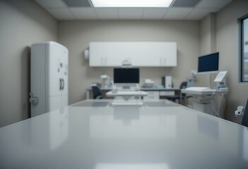 Blurry Medical Examination Room Interior with Countertop and Equipment Setup