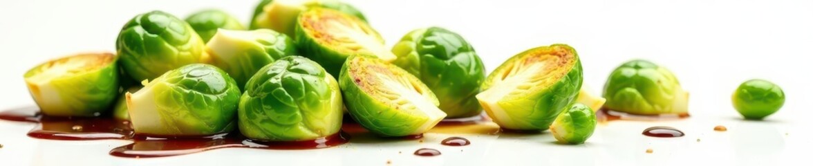 Fototapeta premium Crispy Brussels sprouts, shiny balsamic, white backdrop, autumn, vegetable