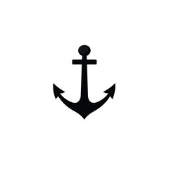 Vector style anchor logo icon black silhouette on a white background. Minimalist design using geometric shapes and clean lines to create a balanced and symmetrical nautical brand concept