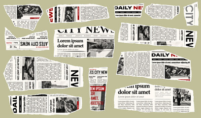 Trendy torn newspaper pieces. Collage halftone elements. Jagged edges. Old paper clipping set. Vintage grunge style concept. Isolated background. Trendy design template. Vector illustration
