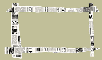 Torn newspaper border banner. Jagged edges. Collage halftone elements. Frame and place fo text. Concept from paper scraps on white background. Trendy design template. Vector illustration