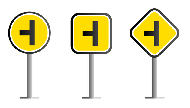 yellow road sign. t insection turn left sign