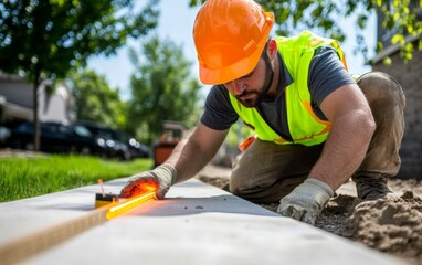 Construction worker meticulously measuring walkway for precise pavement design