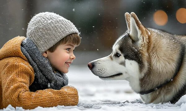 little girl with her dog looking each other in the winter