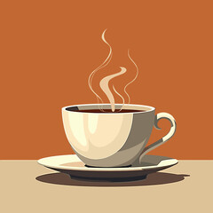 Obraz premium Hot steaming coffee cup on a simple plate against brown background 