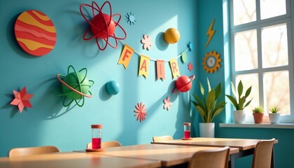 Vibrant Science Fair decorations brightening a classroom wall  