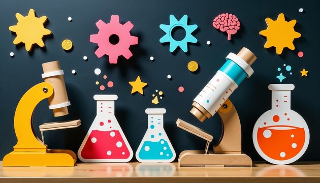 Colorful Science Fair Decorations Featuring Microscopes and Flasks