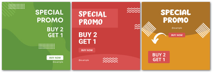 Eye-catching Sale Promotion Graphics with Buy 2 Get 1 Deal in Various Colors
