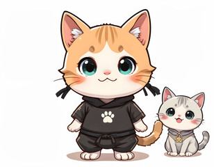 Obraz premium Orange kitten in a black ninja outfit with a small grey kitten sitting beside it on a white background.