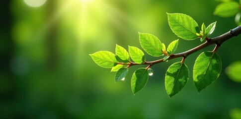 Larch bough with glistening dewdrops, sunlight , stock photo, beauty, botanical