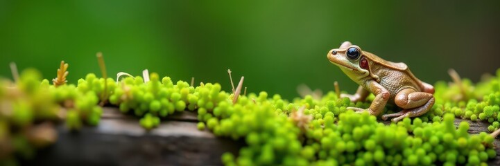Naklejka premium Small brown frog sits amongst vibrant green moss on weathered wood , wild, nature