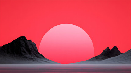 Pixel Art Sunset Landscape with Red Sky and Pink Sun