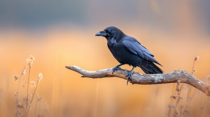 Raven perched on branch, golden light