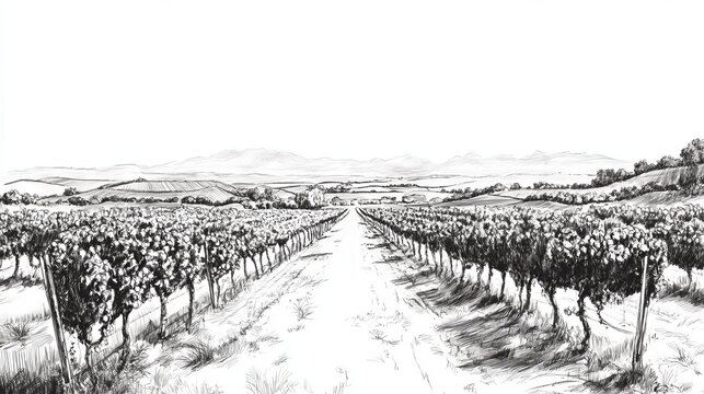 A black and white drawing of a vineyard with rows of grape vines and distant hills under a bright sky