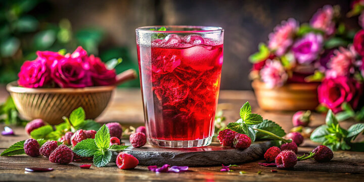 Rooh Afza (Rose Water) Herbal Drink with Copy Space  Botanical Syrup Beverage