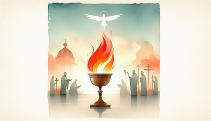 Holy spirit descending illustration of pentecost sunday with flame and religious figures