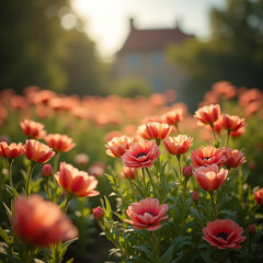 Fototapeta premium Jardin de fleurs rose foncé dans un champ au crépuscule, ambiance poétique et calme