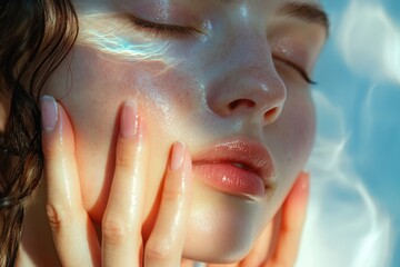 Naklejka premium Close-up of a woman's face, eyes closed, skin glowing with light reflecting on it.