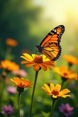 Naklejka premium Vibrant monarch butterfly on wildflowers, sunny meadow, butterfly, summer, detail