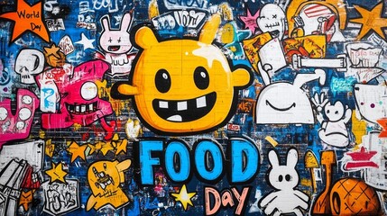 Colorful graffiti art features characters and promotes food day