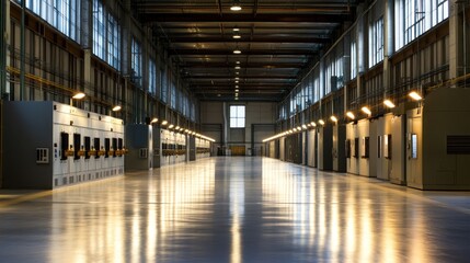 Industrial interior, spacious warehouse