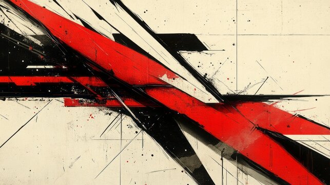 Abstract artwork features bold lines and contrasting colors prominently