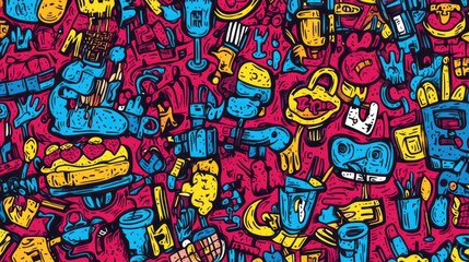 Cartoonish doodle art featuring vibrant colors and diverse objects