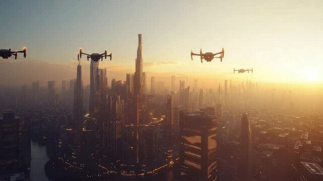 Drones over Futuristic City: A squadron of drones soars above a modern city, bathed in the warm glow of the rising or setting sun, highlighting the technological advancements of tomorrow.