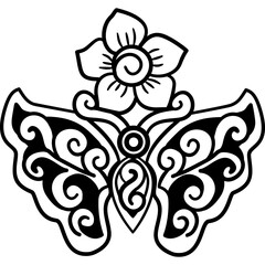Black and white tribal butterfly tattoo design, Tribal butterfly with floral ornament, decorative ethnic tattoo style design
