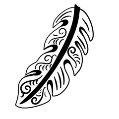 Tribal feather with Polynesian swirls, Tribal feather illustration with swirly Polynesian pattern, black and white design