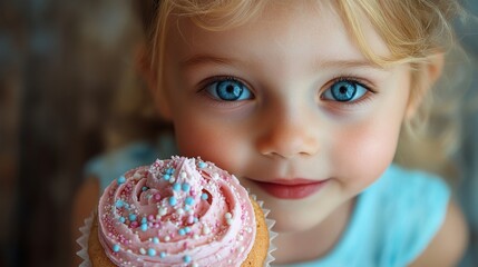 Captivating Gaze: A Young Girl's Delight with a Pink Frosted Cupcake with Sprinkles, A Sweet Moment Captured in Time